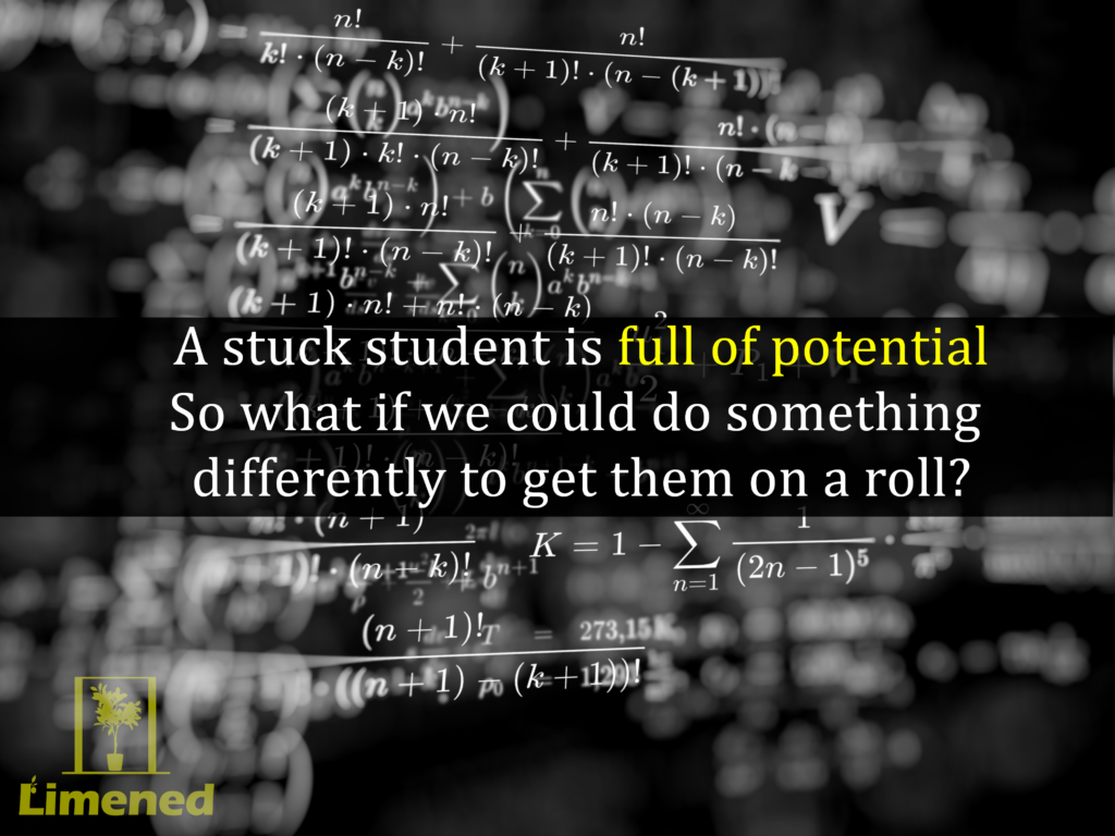 image of physics equation with quote related to high probability request sequences and behavior momentum: "A stuck student is full of potential, So what if we could do something differently to get them on a roll?"