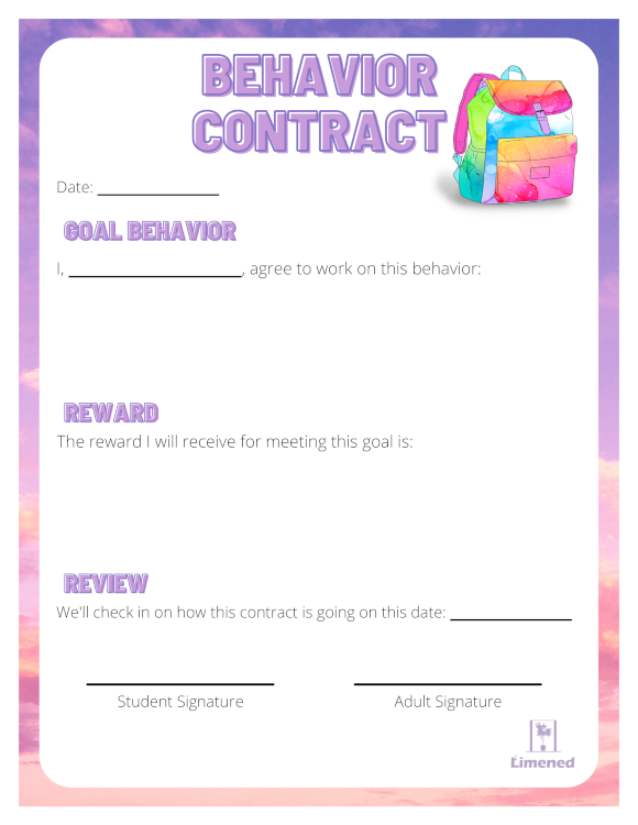thumbnail of Limened behavior contract template with color and backpack