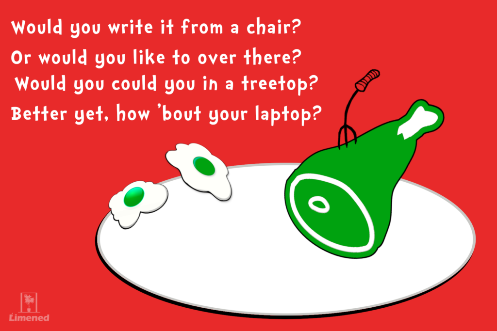 Many ways to provide choices poem with picture of green ham and green eggs bouncing off plate: "Would you write it from a chair? Or would you like to over there? Would you could you in a treetop?  Better yet, how 'bout your laptop?"