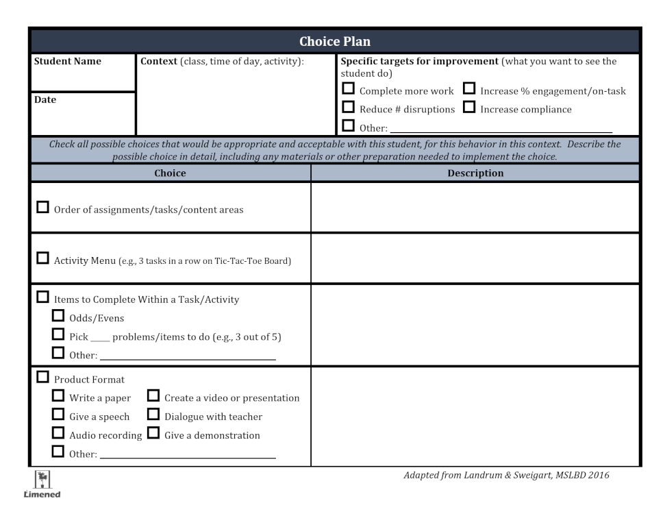 Planning template for providing choices
