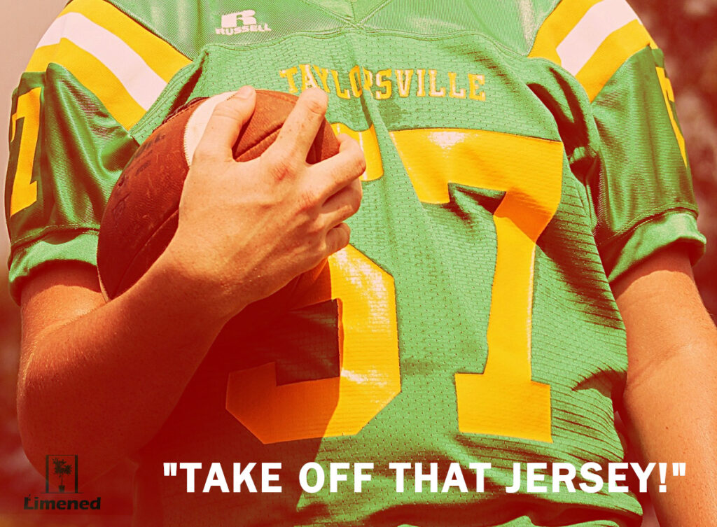 image of football jersey with hand holding a football with text "Take off that jersey!" for story about precision requests