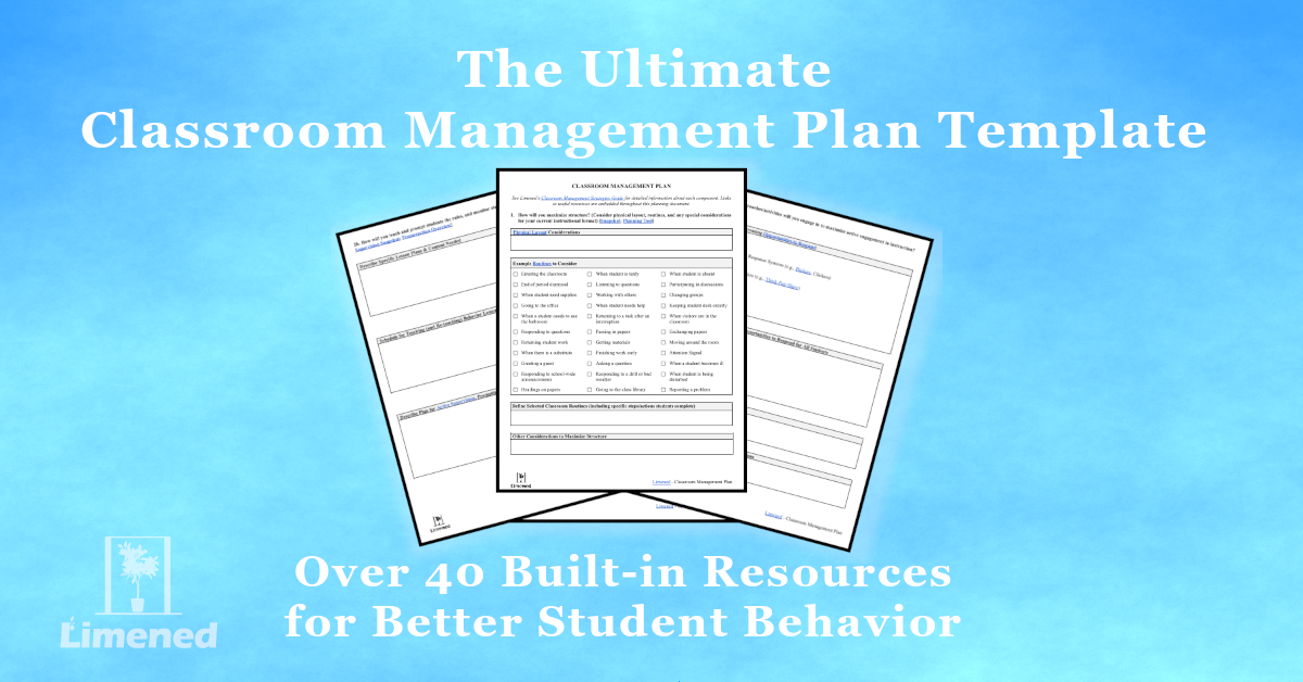 featured image with screenshots of the classroom management plan template and post title over a blue background