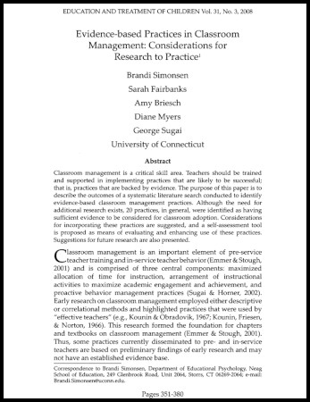 first page of journal article" "Evidence-based Practices in Classroom Management" by Simonsen et al., 2008